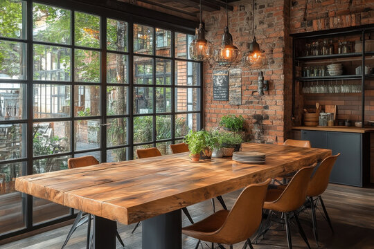 Wooden table with chairs against brick wall.