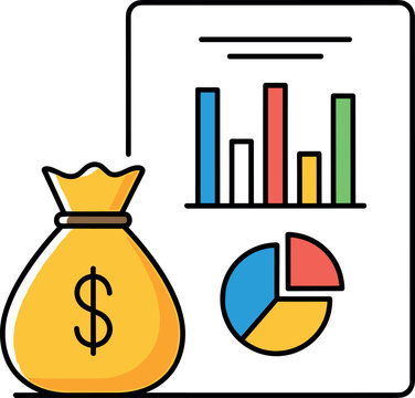 Minimalist vector illustration of money bag with dollar sign and financial report showing bar and pie charts