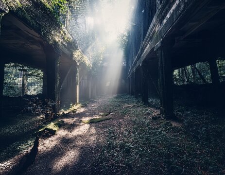mysterious shadows emerging from dark structures abandoned location digital atmospheric wide angle enigma