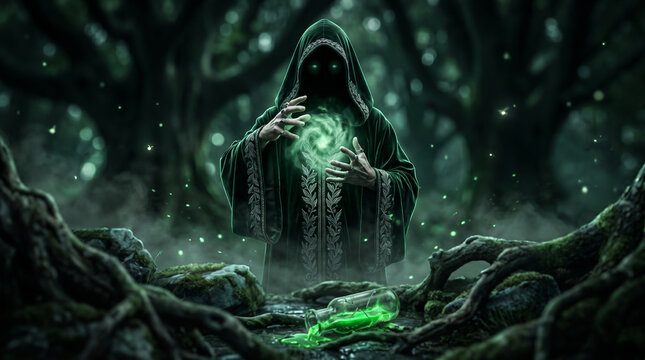 Sorcerer conjures a glowing green energy orb in a misty forest clearing above a shattered potion bottle, evoking dark fantasy, mystery, sorcery, and enchanted natural surroundings.