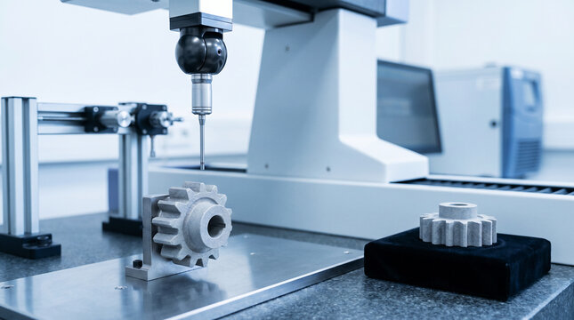 Coordinate measuring machine inspects machined metal gears, highlighting precision manufacturing, engineering measurement, quality control, parts testing and industrial automation.