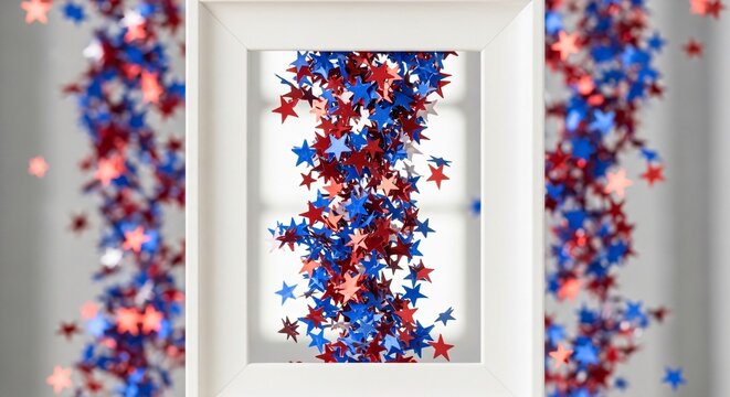 Confettis &eacute;toiles rouges et bleues tombant &agrave; travers un cadre blanc, d&eacute;cor patriotique pour la Journ&eacute;e du Souvenir, ambiance de comm&eacute;moration festive et hommage national solennel.