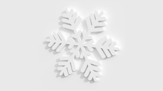 White 3D Snowflake Rotating Clockwise on White Background Centered Landscape Hi-res 4K 30 FPS 16:9 Aspect Ratio Seamless Loop Repeatable