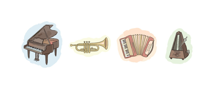 Grand piano, brass trumpet, accordion, and a metronome spaced out with airy gaps in a row, soft naive watercolor illustration,