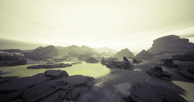 Calm water surrounded by rugged rocks with scientific gear, Silent reflective water encircled by hardy rocks and advanced scientific sampling devices