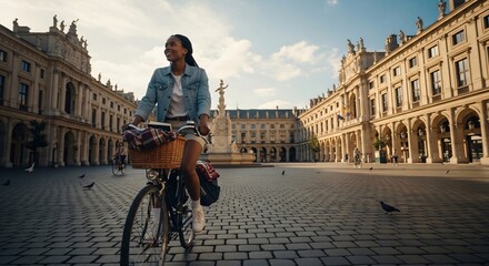 Obraz premium Jeune femme souriante à vélo traversant une place historique, concept de liberté et paix, architecture classique, sérénité urbaine, voyage et patrimoine, Journée du Souvenir.