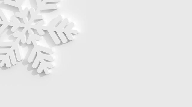 White 3D Snowflake Rotating Clockwise on White Background Top Left Side Cropped Landscape Hi-res 4K 30 FPS 16:9 Aspect Ratio Seamless Loop Repeatable