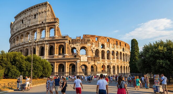 Colis&eacute;e de Rome sous un ciel bleu avec des touristes, monument historique italien embl&eacute;matique, architecture antique romaine pr&eacute;serv&eacute;e, destination de voyage c&eacute;l&egrave;bre et m&eacute;morielle.