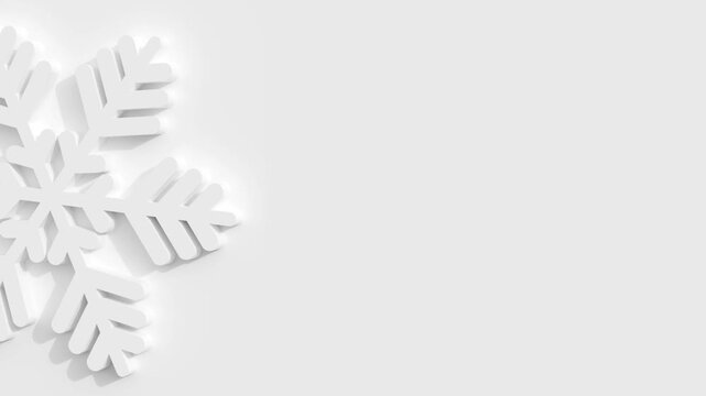 White 3D Snowflake Rotating Clockwise on White Background Left Side Cropped Landscape Hi-res 4K 30 FPS 16:9 Aspect Ratio Seamless Loop Repeatable