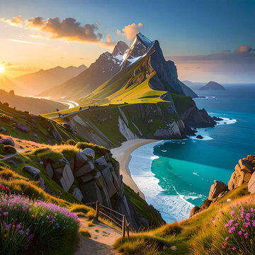 Majestic Coastal Mountain Sunset Beach