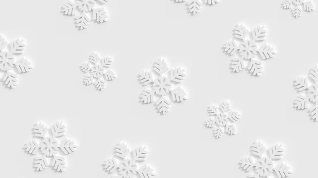White 3D Snowflakes Falling and Rotating Clockwise on White Background Landscape Hi-res 4K 30 FPS 16:9 Aspect Ratio Seamless Loop Repeatable