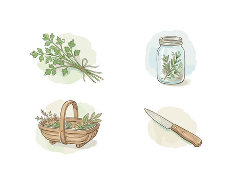 Handful of parsley, glass jar for herbs, paring knife, and a small garden trug presented as four distinct symbolic drawings on