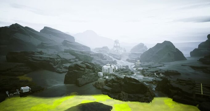 Dawn valley with supply staging area and stacked cargo near access platform, early light reveals logistics operations, crates and containers aligned