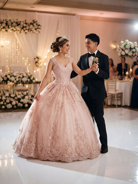 Young couple dancing at formal celebration event
