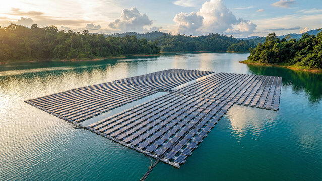 Aerial view of large floating solar panel array on calm turquoise reservoir surrounded by lush tropical jungle forest at golden sunset symbolizing innovative renewable energy and sustainable power con
