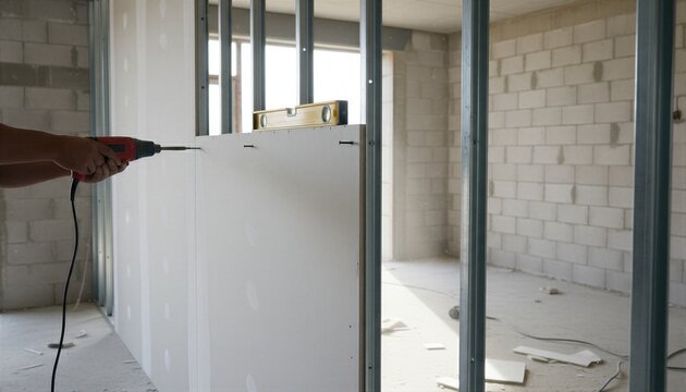 Builder using electric screwdriver to fasten drywall sheet to metal frame partition. Construction worker installing plasterboard wall in house renovation. Repair and interior finishing.