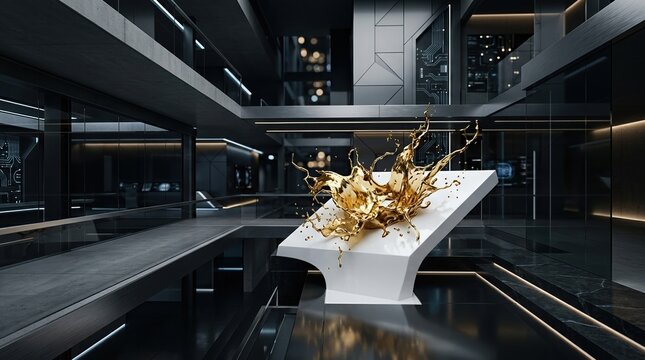 Abstract golden liquid splash frozen in motion on a futuristic pedestal