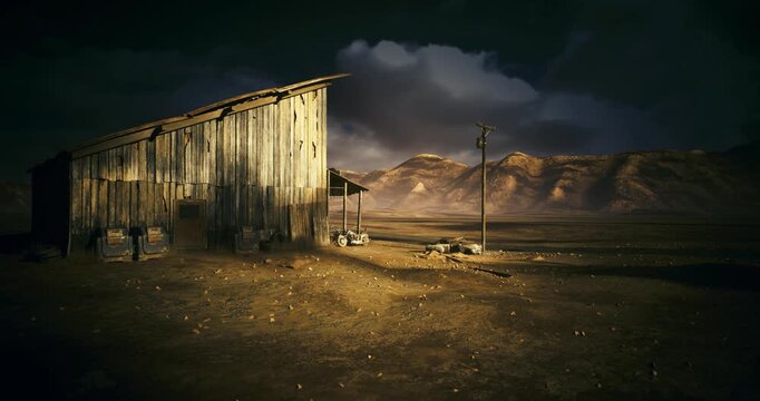 Abandoned terrain under warm illuminated wreckage, Solitary desert setting featuring rusted parts and distant horizon silhouette of shack and mesa