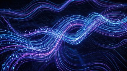 Obraz premium Flowing luminous data streams on dark background, light trails abstract lines, neon motion, blue and purple technology waves,