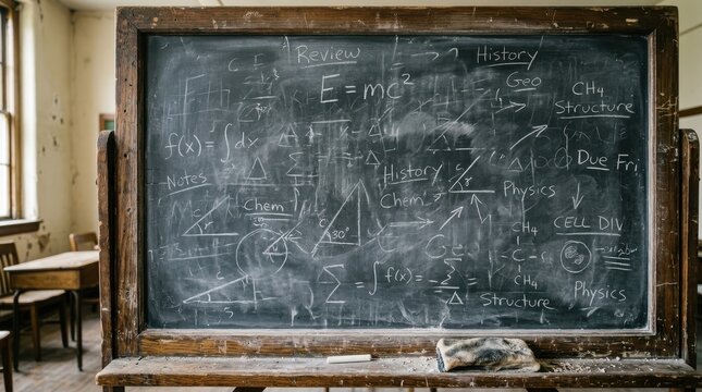 Aged, textured slate chalkboard wall covered in layers of ghosted chalk writings and dust, set within an old wooden frame in a