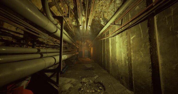 Narrow tunnel filled with pipes and red storage tanks, low amber lighting, scattered insulation and debris, damp floor, industrial gauges and heavyduty valves,