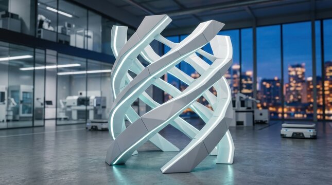Lattice white minimal geometric blocks structure with integrated light trails, standing dynamically in a high-tech facility