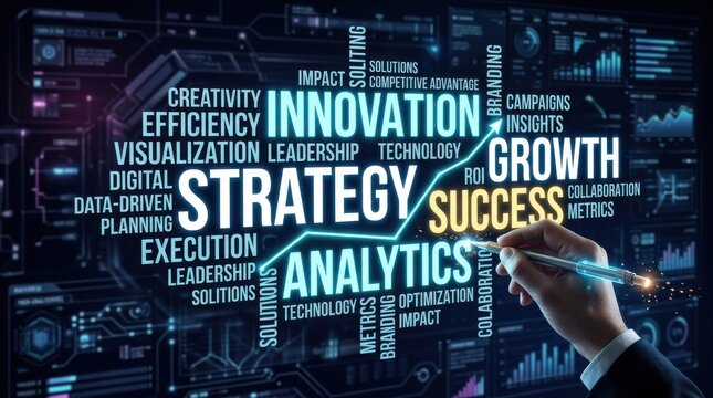 Marketing word cloud concept featuring prominent text with key terms like Strategy, Innovation, Growth, analytics, and success