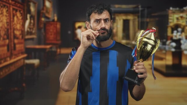 Man soccer player in blue and black uniform holding trophy and biting fingernail in museum building; uncertainty reflection.