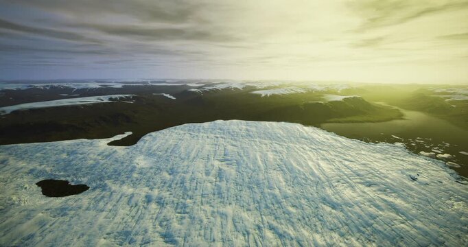 Aerial icefield sunrise pale light revealing calm frozen expanse with scattered ice floes and distant coastline, peaceful atmosphere suited for expedition,