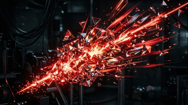 Abstract composition featuring a red laser burst with complex geometric facets and subtle light refractions within dynamic motion
