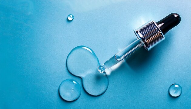 cosmetic dropper glass pipette with serum beauty cosmetics dripping on blue background science serum peptides beauty and health care products liquid enzymes close up top view skin care