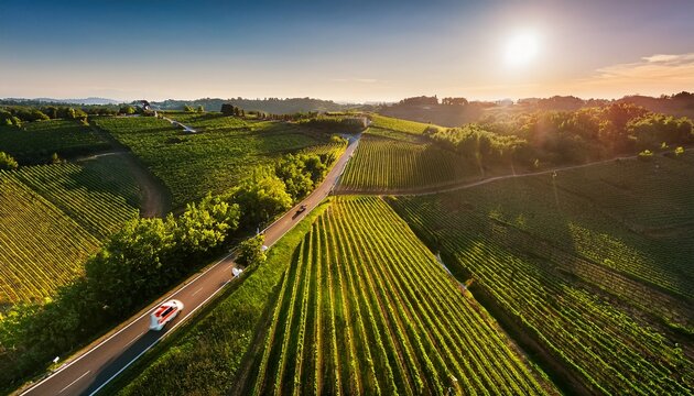 aerial drone view of two cars driving along a country road spinetta marengo piedmont italy