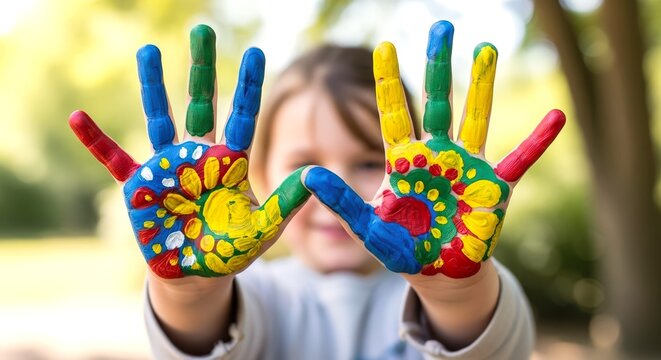 Child holding up painted hands with colorful patterns, kid&rsquo;s hands covered in colorful paint. Happy childhood, entertainment outdoors. World Children's Day. Family time