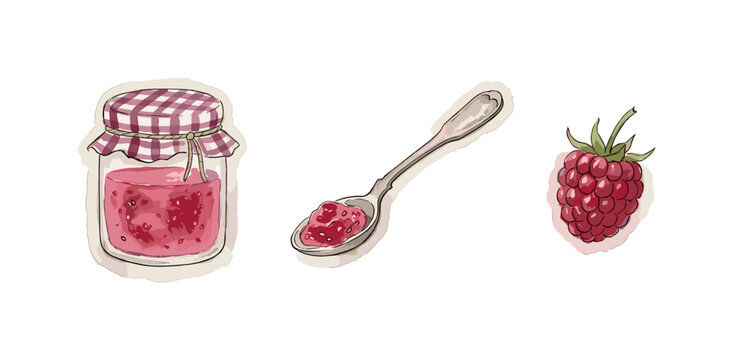Raspberry jam jar, checkered cloth topper, silver spoon, and a fresh berry shown as separate objects arranged horizontally, soft