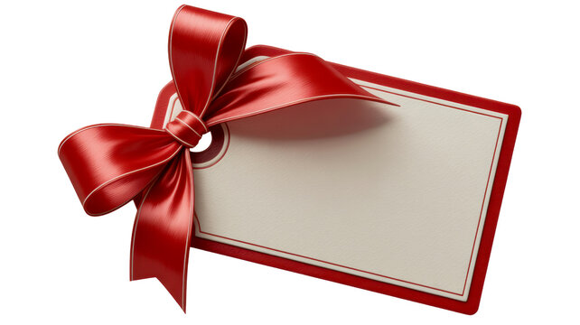 A decorative rectangular gift tag with a luxurious satin red ribbon tied into a bow for festive holiday shopping promotions displayed on transparent background