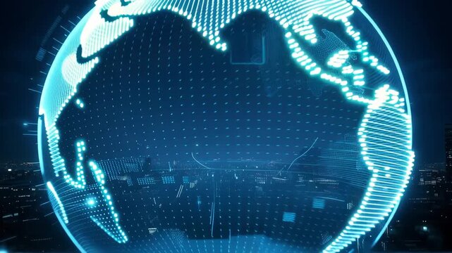 Futuristic smart city with glowing digital Earth hologram, global network technology and data communication concept smart city, digital Earth, global network, technology city, futu