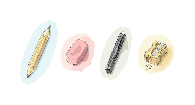 Sketching pencil, eraser, graphite stick, and a sharpener, soft naive watercolor illustration, humble old-fashioned storybook feel