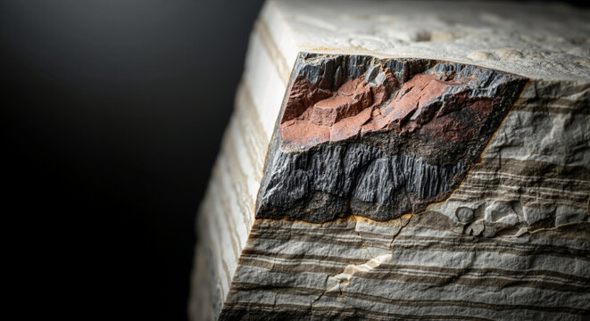 Chert nodule in limestone with a natural aesthetic showcasing unique textures against a dark background