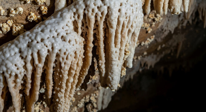 Cave speleothem formations with a natural feel highlighting intricate details against a dark cave background