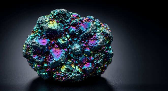 Stunning chalcocite ore specimen in vibrant colors showcasing iridescence on a sleek dark background