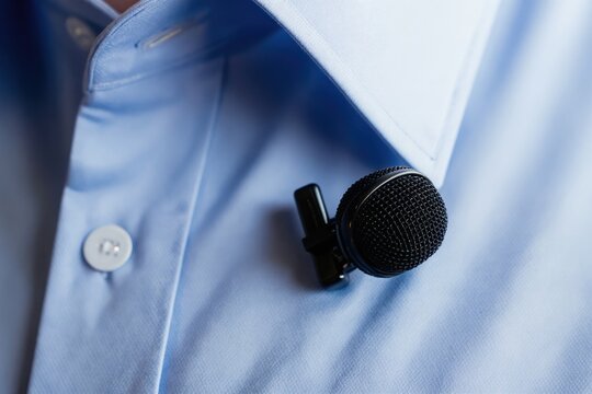 Black lavalier microphone clipped on light blue collared shirt. Small mic captures clear audio for voice recording interviews podcasts or broadcast media.