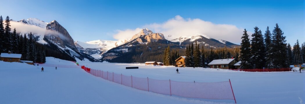 Wide panorama of snowy Lake Louise ski resort area with Canadian Rockies peaks in background. Cozy lodges and pine trees dot the winter landscape. Skiers glide across the pristine snow field.
