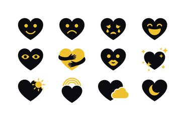 Fototapeta premium Collection of black and yellow heart icons representing various emotions and symbols