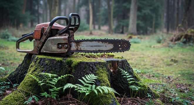 Abandoned chainsaw resting on a moss-covered stump in a serene forest setting with a tranquil mood