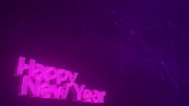 3D glowing neon Happy New Year text animation on dark purple abstract background