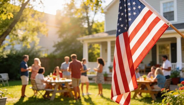 Friends enjoy time together in a backyard with sunlight shining through trees. They share food, drinks, and laughter during a warm afternoon gathering