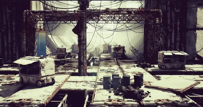long maintenance corridor with service cranes and utility conduits, worn concrete floor with embedded tracks, industrial textures and exposed beams convey