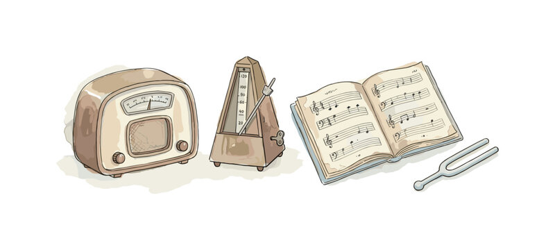 Vintage radio, piano score, metronome, and a tuning fork, soft naive watercolor illustration, humble old-fashioned storybook feel,