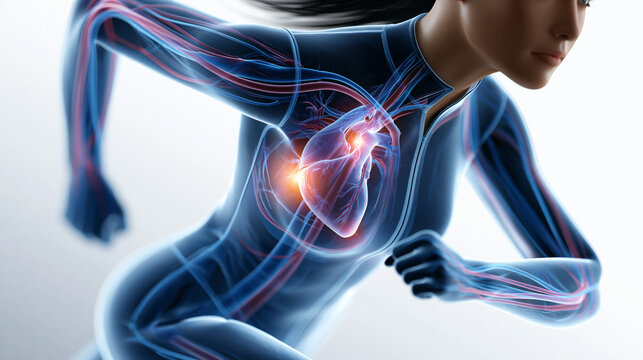 Full body female anatomy in a running pose with highlighted cardiovascular and respiratory systems showing exercise physiology, aerobic training concept, sports science, medical