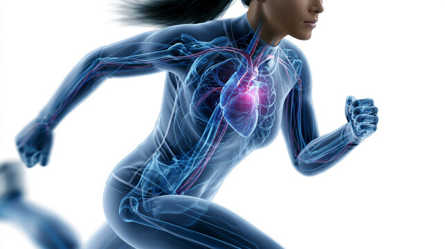 Full body female anatomy in a running pose with highlighted cardiovascular and respiratory systems showing exercise physiology, aerobic training concept, sports science, medical